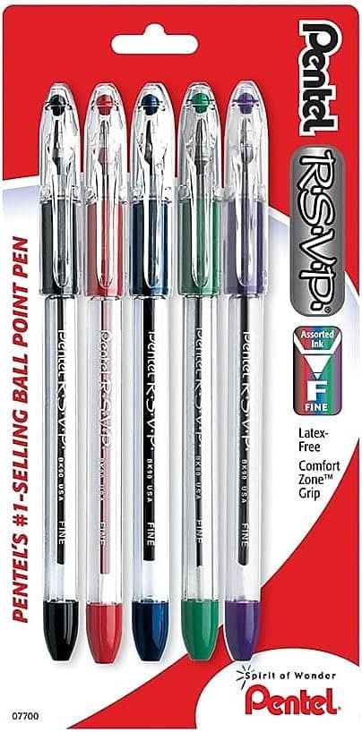 Pentel RSVP Ballpoint Pen, Fine Line, (0.7mm), Assorted Ink, Pack of 5 (BK90BP5M)