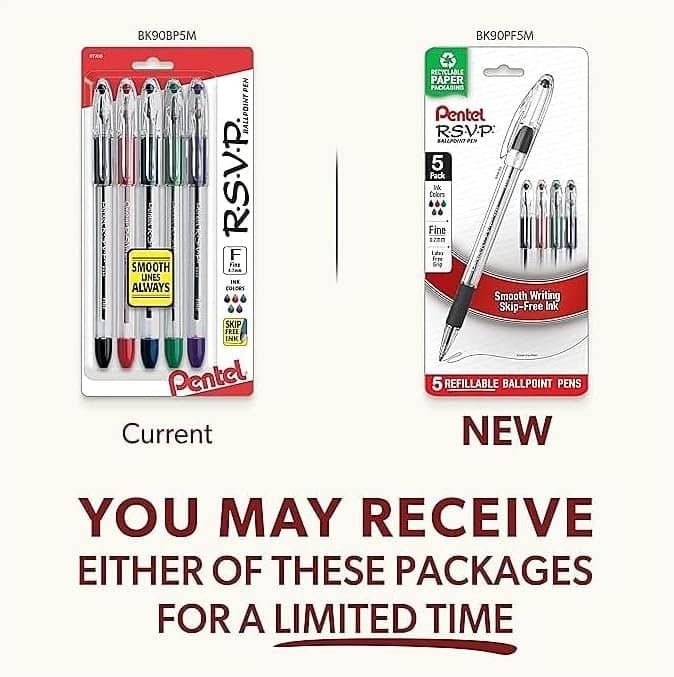 Pentel RSVP Ballpoint Pen, Fine Line, (0.7mm), Assorted Ink, Pack of 5 (BK90BP5M) - Image 2